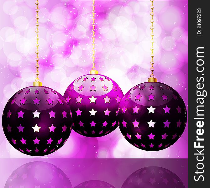 Purple christmas buables on a glowing background reflected on a glossy surface. Purple christmas buables on a glowing background reflected on a glossy surface