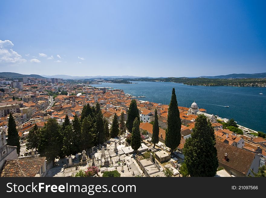 Panorama of Sibenik houses nad the blue channel