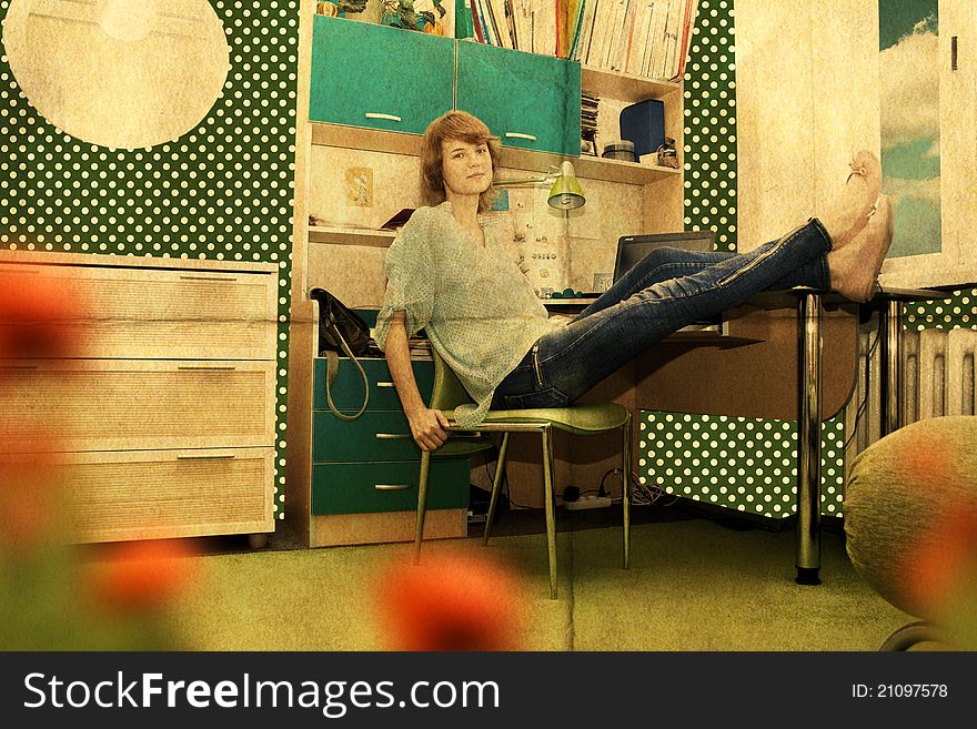 Beautiful young woman in room, vintage pattern. Beautiful young woman in room, vintage pattern