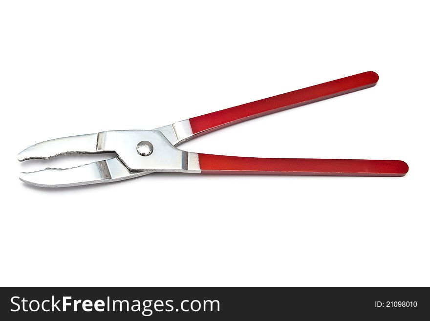 Red pliers closeup on white background