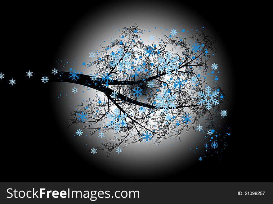 Winter tree with snowflakes isolated on black background