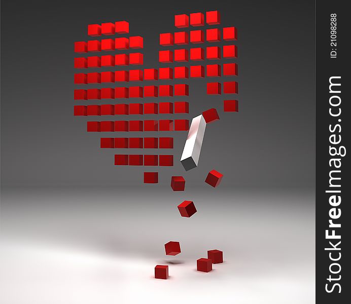 3D rendered broken heart composed from red cubes