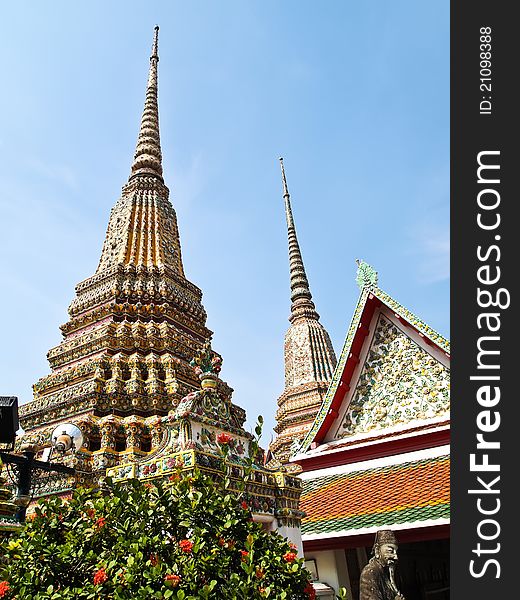 Ancient pagoda at Wat Phra Chetuphon Vimolmangklararm , Wat Pho, the oldest historical sites in Bangkok , Thailand and that Thailand's tourism. Ancient pagoda at Wat Phra Chetuphon Vimolmangklararm , Wat Pho, the oldest historical sites in Bangkok , Thailand and that Thailand's tourism