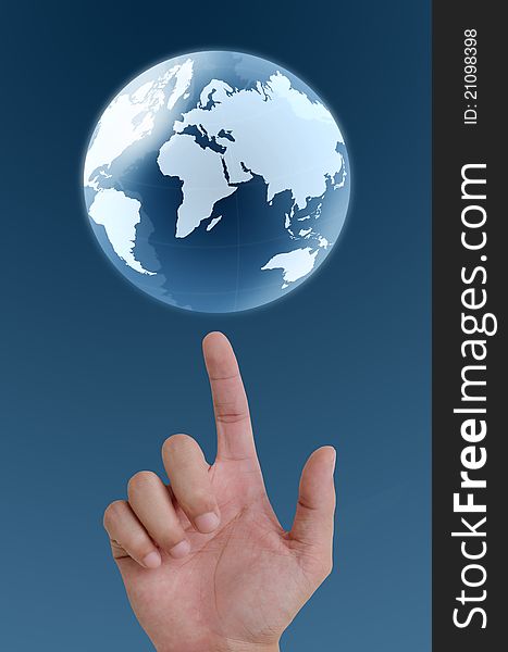 Concept hand pointing earth globe.