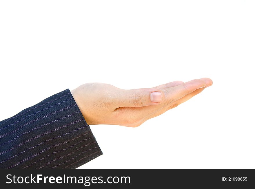 Hand holding presenting business a product. isolate on white background.