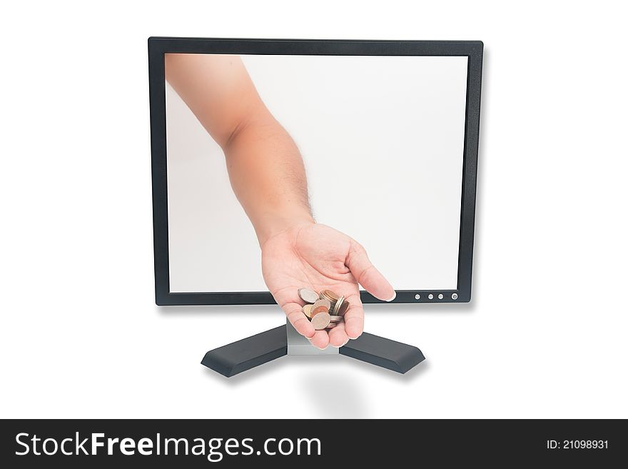 A hand is giving coin through the computer screen. A hand is giving coin through the computer screen