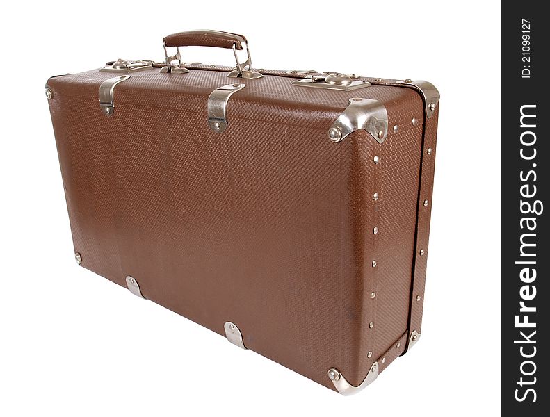 Color photo of an old suitcase on white background