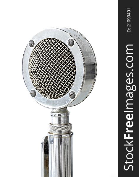 Macro shot of vintage microphone on white background