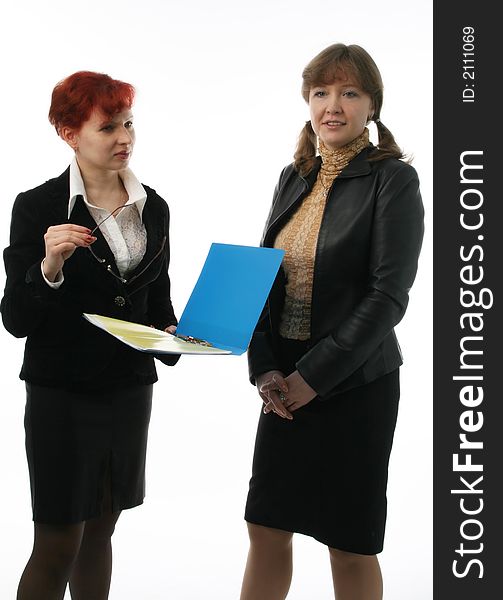 Two businesswomen communicate with each other