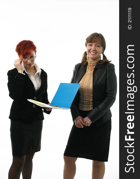 Two businesswomen communicate with each other