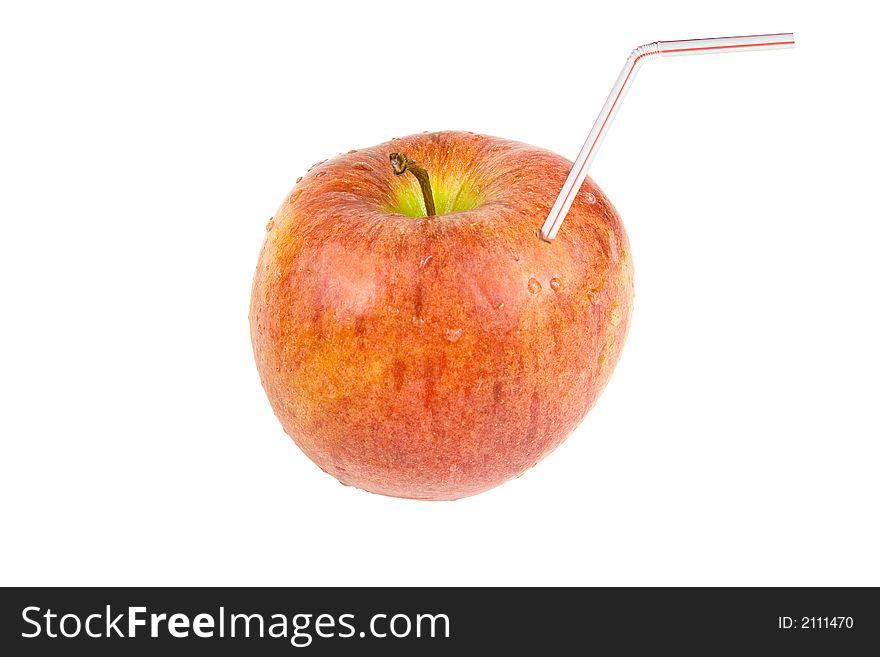 Apple with a straw isolated on a white background