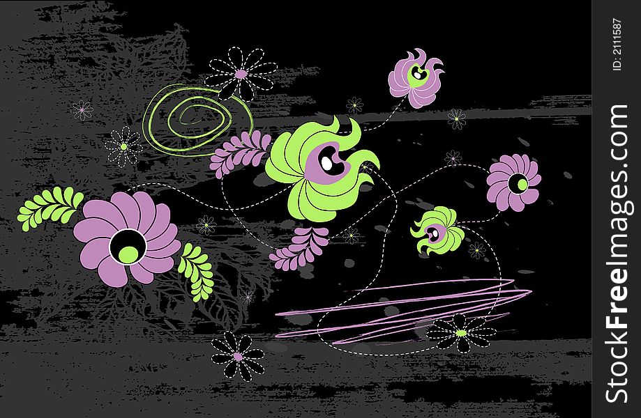 Green and purple flowers on black background. Vector