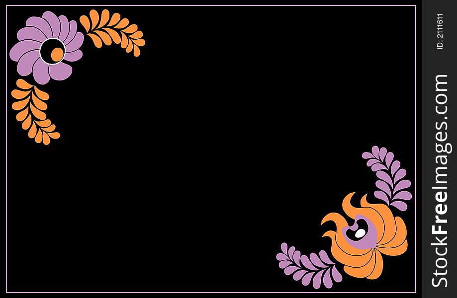 Orange-purple flowers in the corner on black background. Vector