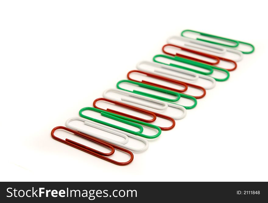 Colorful paperclips in a row