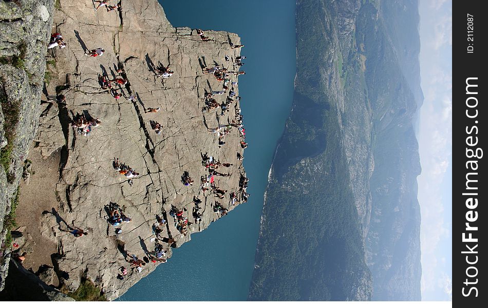 Pulpit Rock at Lysefjorden in Norway. A well known tourist attraction towering 600 meters over sea level.