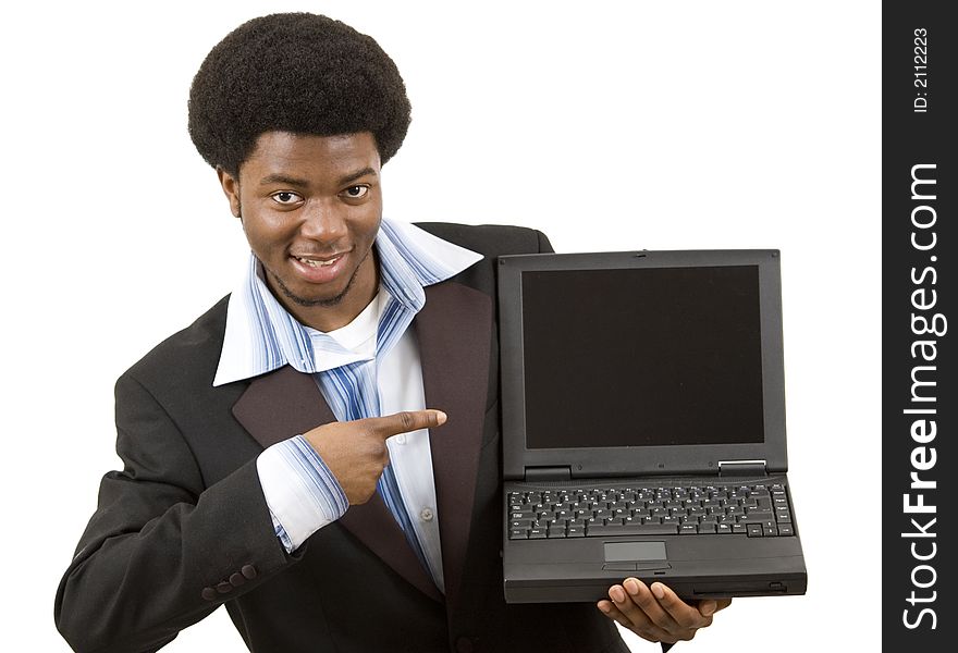 This is an image of a businessman joyfully presenting a laptop. Designers can embed an image into the blank screen. This image can represents advertising themes. This is an image of a businessman joyfully presenting a laptop. Designers can embed an image into the blank screen. This image can represents advertising themes.