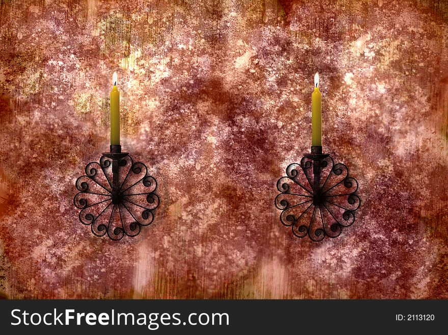 Two candles on metallic holders over grunge background. Two candles on metallic holders over grunge background