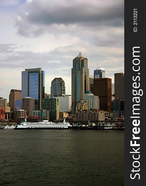 Seattle Skyline with docked ferry, view from Pudget Sound