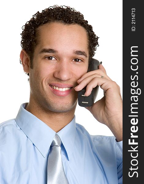 Isolated young businessman holding telephone. Isolated young businessman holding telephone
