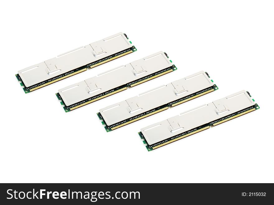 Four modules of computer memory on a white background