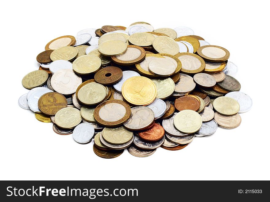 Heaps of various coins on a white background. Heaps of various coins on a white background