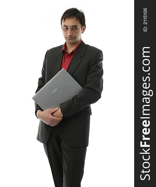 The businessman costs and holds in hands laptop