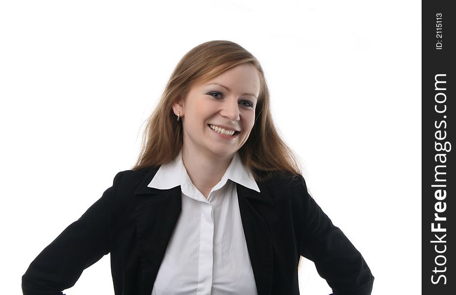 Young businesswoman smiles on a white background
