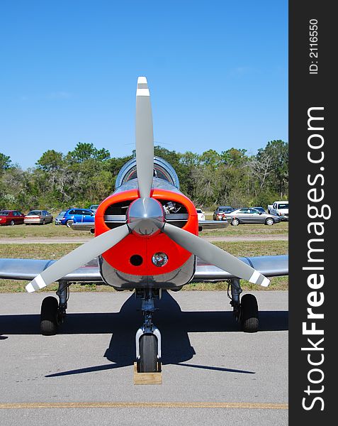 Front view of classic propeller driven airplane. Front view of classic propeller driven airplane