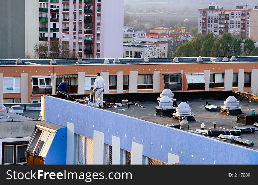 Construction workers on the roof