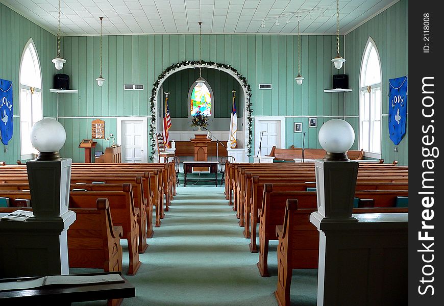 Interior view of a small country church built in the 1920s