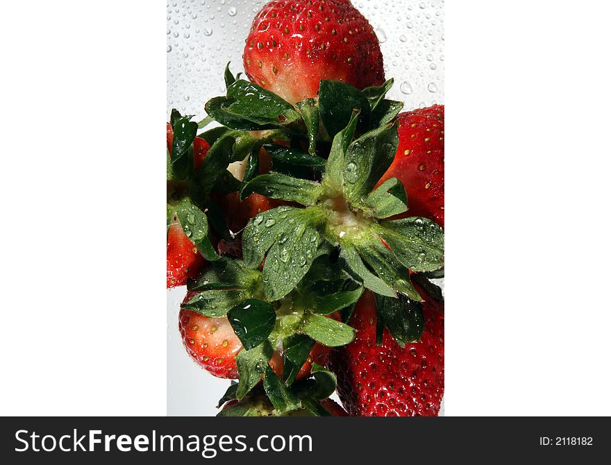 Close-up on the top of strawberries with water drops. Close-up on the top of strawberries with water drops