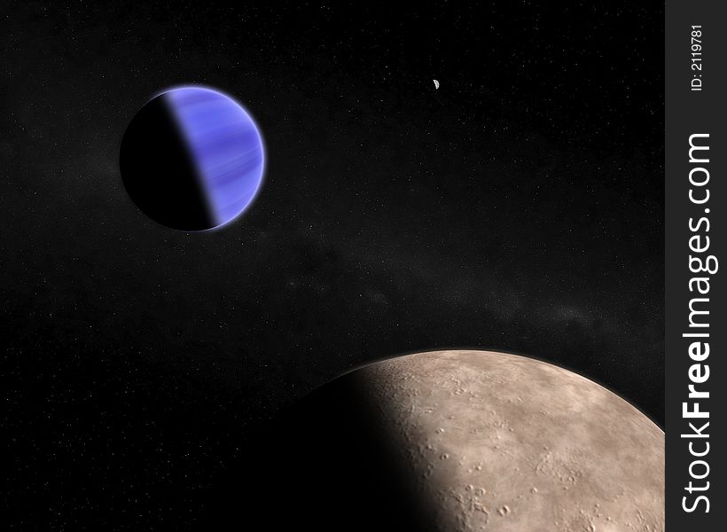 This hires illustration is a theoric reconstruction of a extrasolar blue giat planet with moons. This hires illustration is a theoric reconstruction of a extrasolar blue giat planet with moons