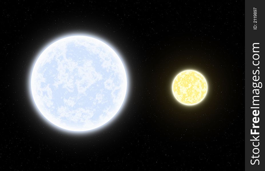 This hires illustration is a theoric reconstruction of a Binary System between giant blue star and yellow star.