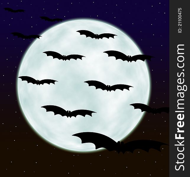 Bats flying in front of the moon, Halloween card.