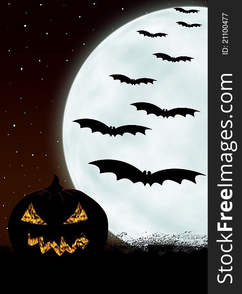 Halloween card with bats, pumpkin, moon and starry sky.