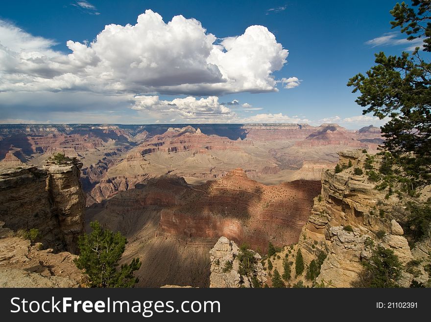 View looking into the Grand Canyon Arizona on a cloudy day