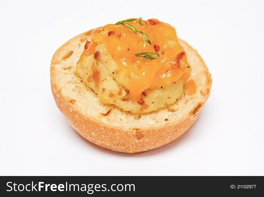 Mashed potato with cheese on toasted bruschetta