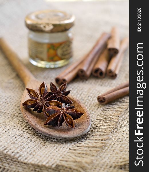 Mix of spice cinnamon and anise. Selective focus. Mix of spice cinnamon and anise. Selective focus