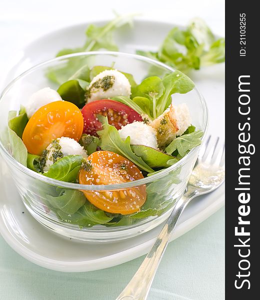 Fresh salad with vegetables and mozarella. Selective focus