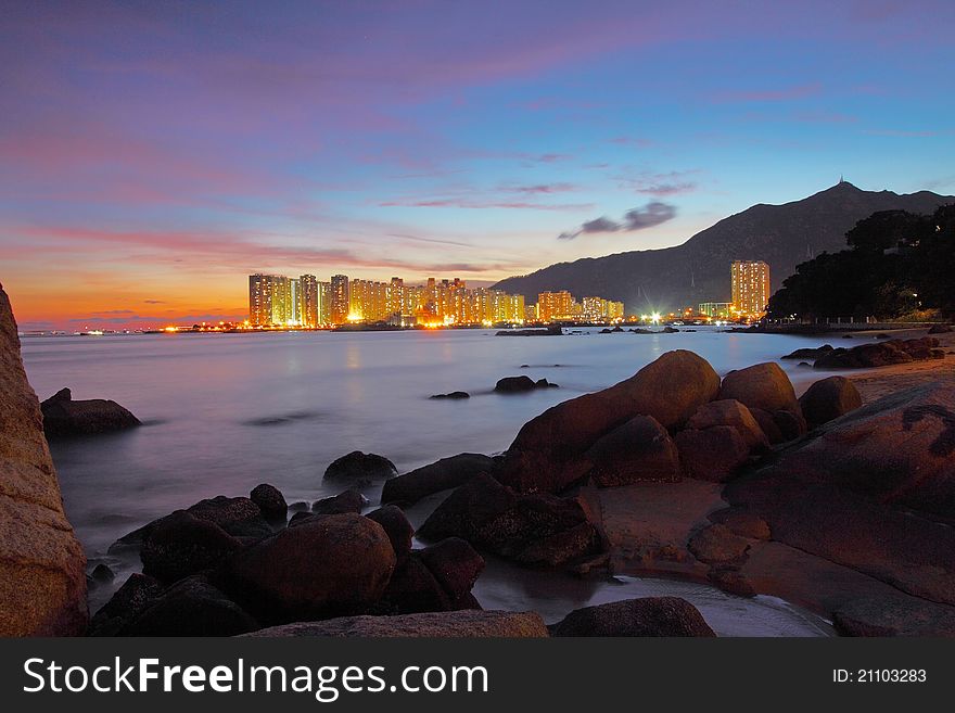 Sunset along seashore