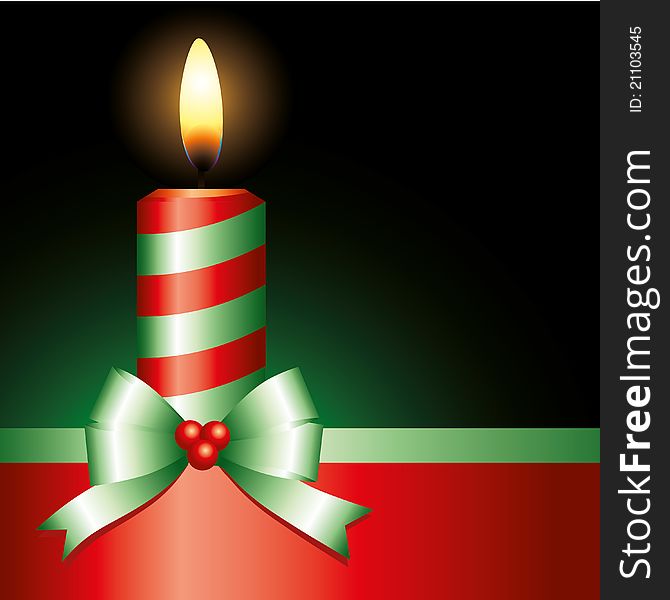 Red candle with green ribbon on black background