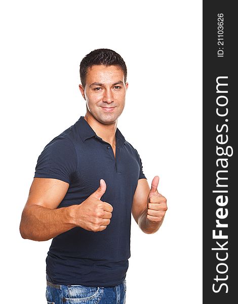 Young and beautiful man making ok sign with both hands