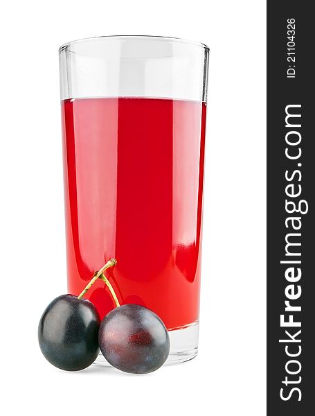Two plums and juice on white background