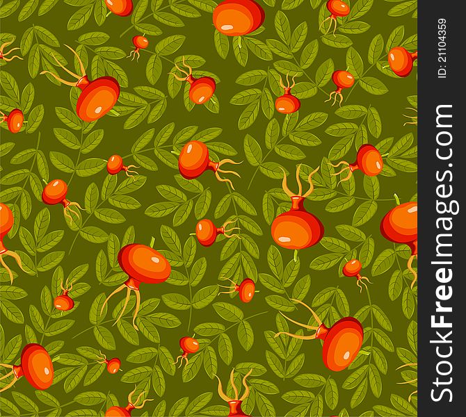 Rose hip seamless green pattern. Vector background.