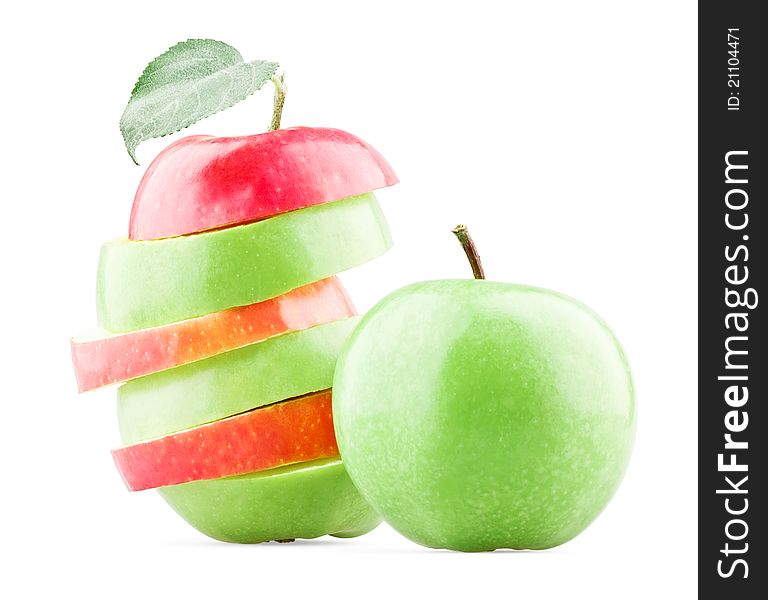 Mixed red and green apples with leaf on white background