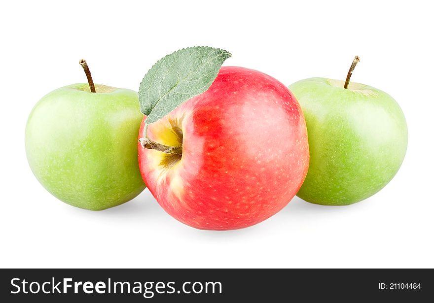 Red apple with leaf and two green apples on white background