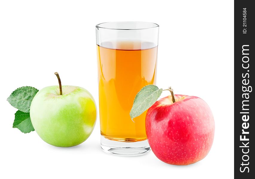 Green and red apples with leaf and juice on white background