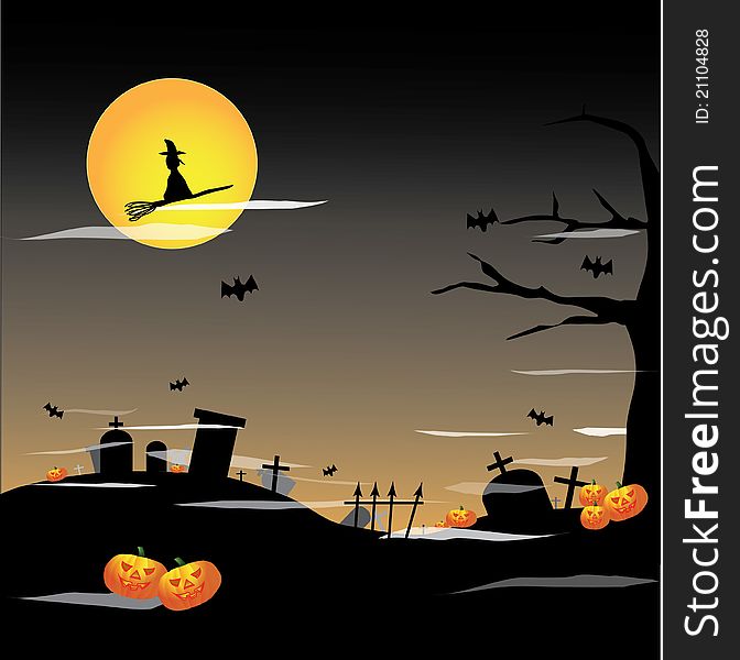 Full Moon Halloween background filled with bats, witch and graves. Full Moon Halloween background filled with bats, witch and graves