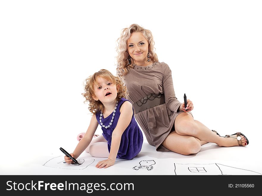 Happy mom and her daughter take hands smile isolated. Happy mom and her daughter take hands smile isolated