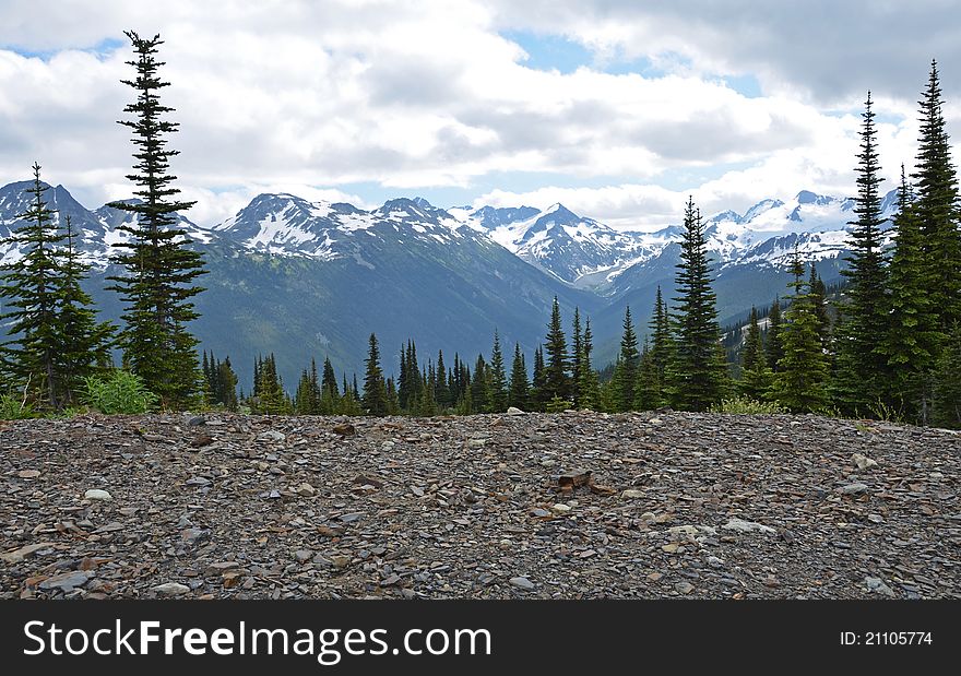 A view of Blackcomb mountain from a hiking trail on top of Whistler mountain. A view of Blackcomb mountain from a hiking trail on top of Whistler mountain